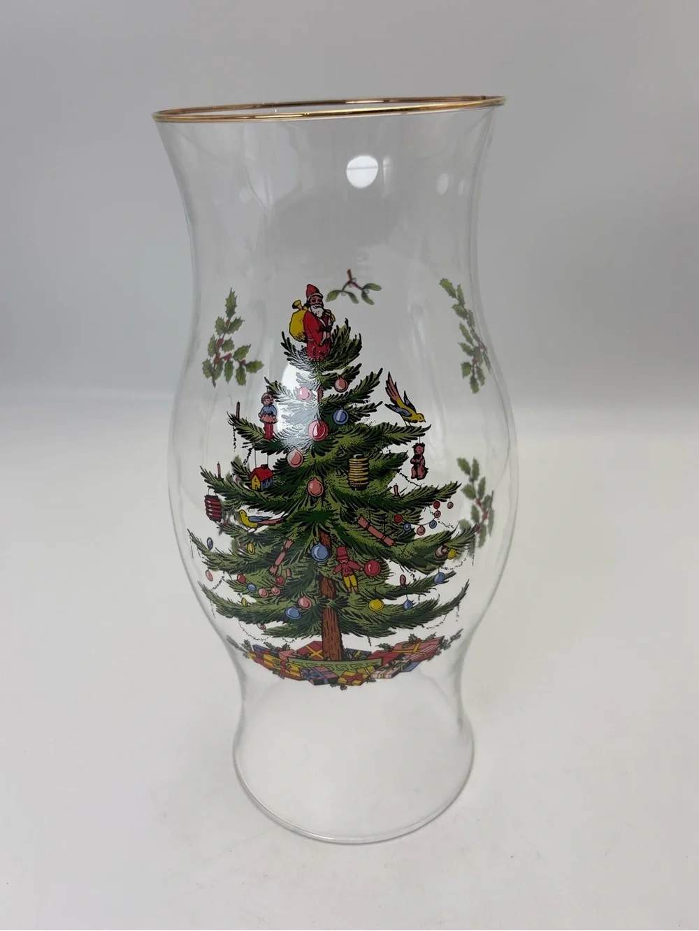 Large Spode Christmas Tree Glass Hurricane with Gold Rim
